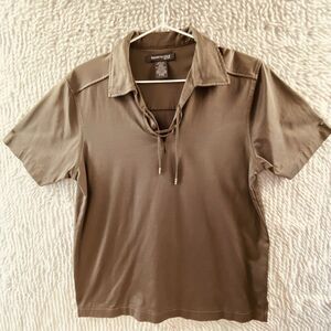Kenneth Cole Men's S Small Polo Shirt Dark Brown Lace Up V-Neck Short Sleeve